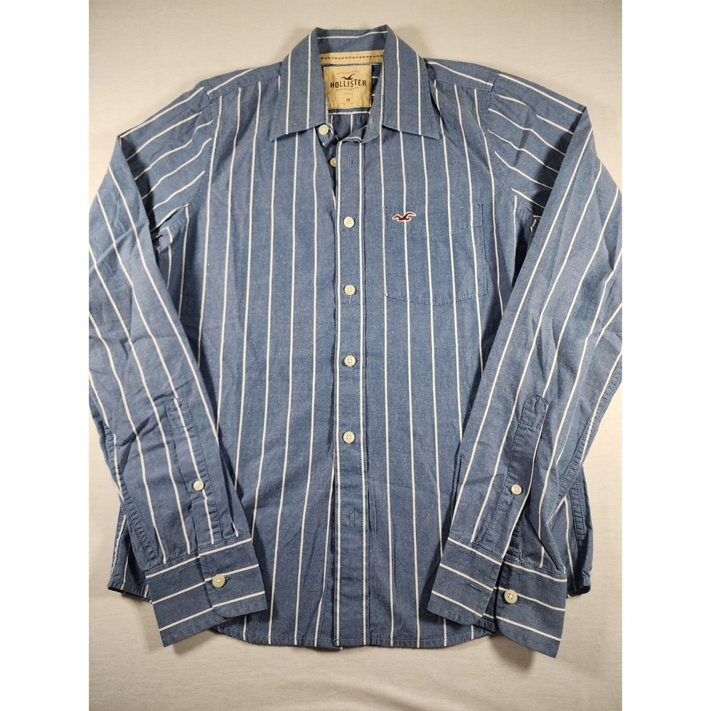 Hollister California Y2k Mens Blue White Stripe Button Up Long Sleeve Shirt Med